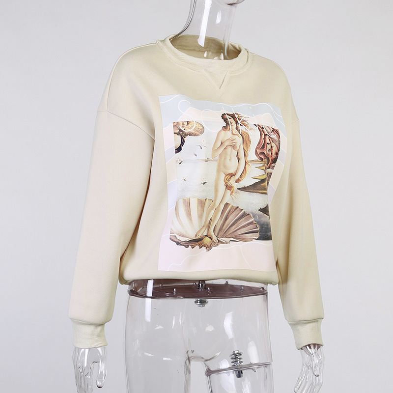 Women's Printed Pullover Sweater Oil Painting Girl Loose Casual Black Apricot