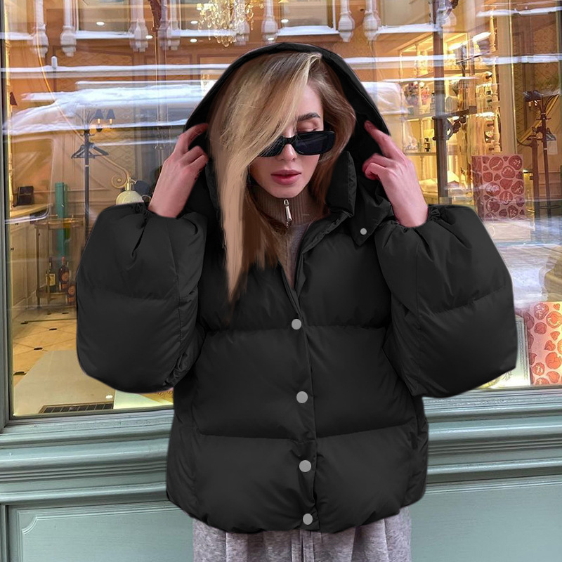 Women's Short Thick Coat Hooded Stand Collar Jacket Pocket Lantern Sleeve