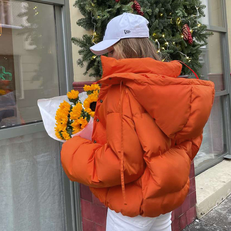 Women's Short Thick Coat Hooded Stand Collar Jacket Pocket Lantern Sleeve