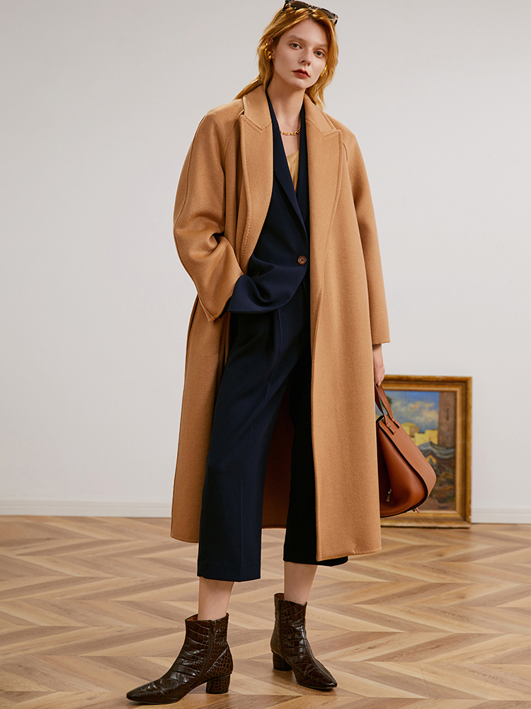 Women's handmade wool double-sided woolen coat nightgown lace-up trench coat woolen coat