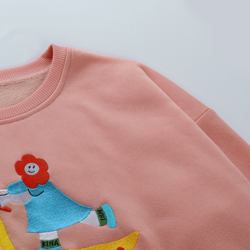 Women's Cartoon Embroidery Loose Pullover Sweater Round Neck Drop Sleeves Casual