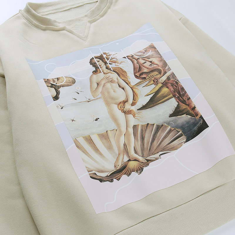 Women's Printed Pullover Sweater Oil Painting Girl Loose Casual Black Apricot