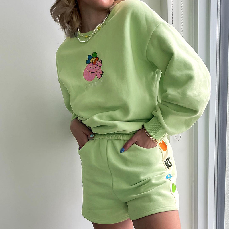 Women's Cartoon Embroidery Loose Pullover Sweater Round Neck Drop Sleeves Casual