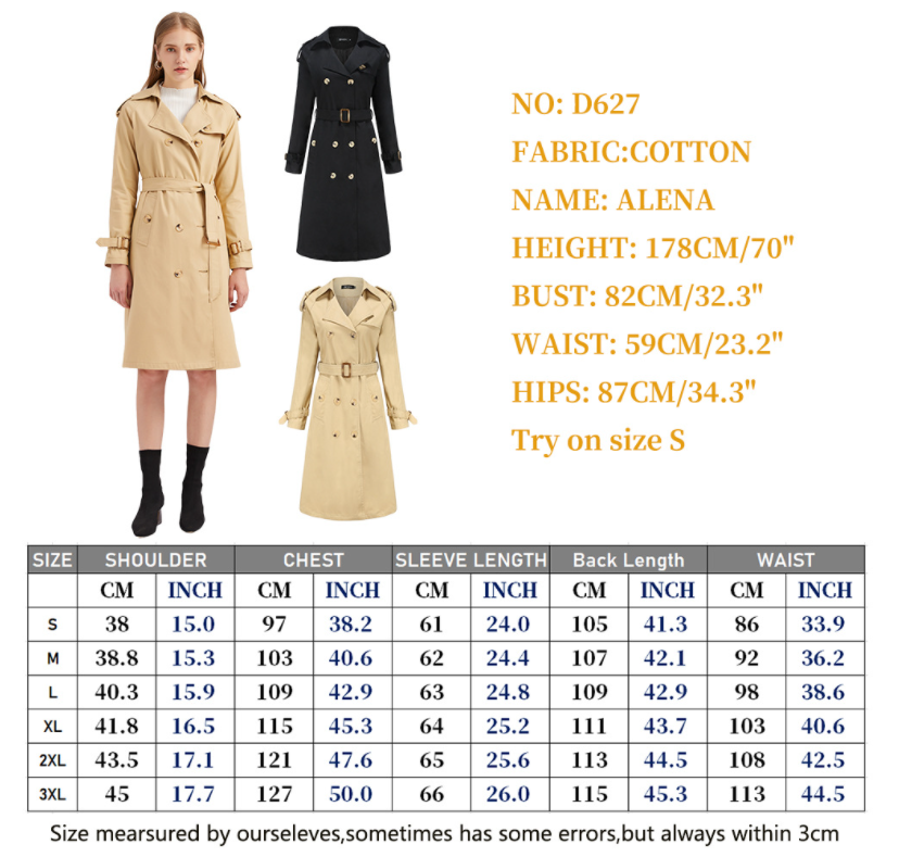 New Women's Belt Adjustable Jacket Double-breasted Black Khaki Trench Coat