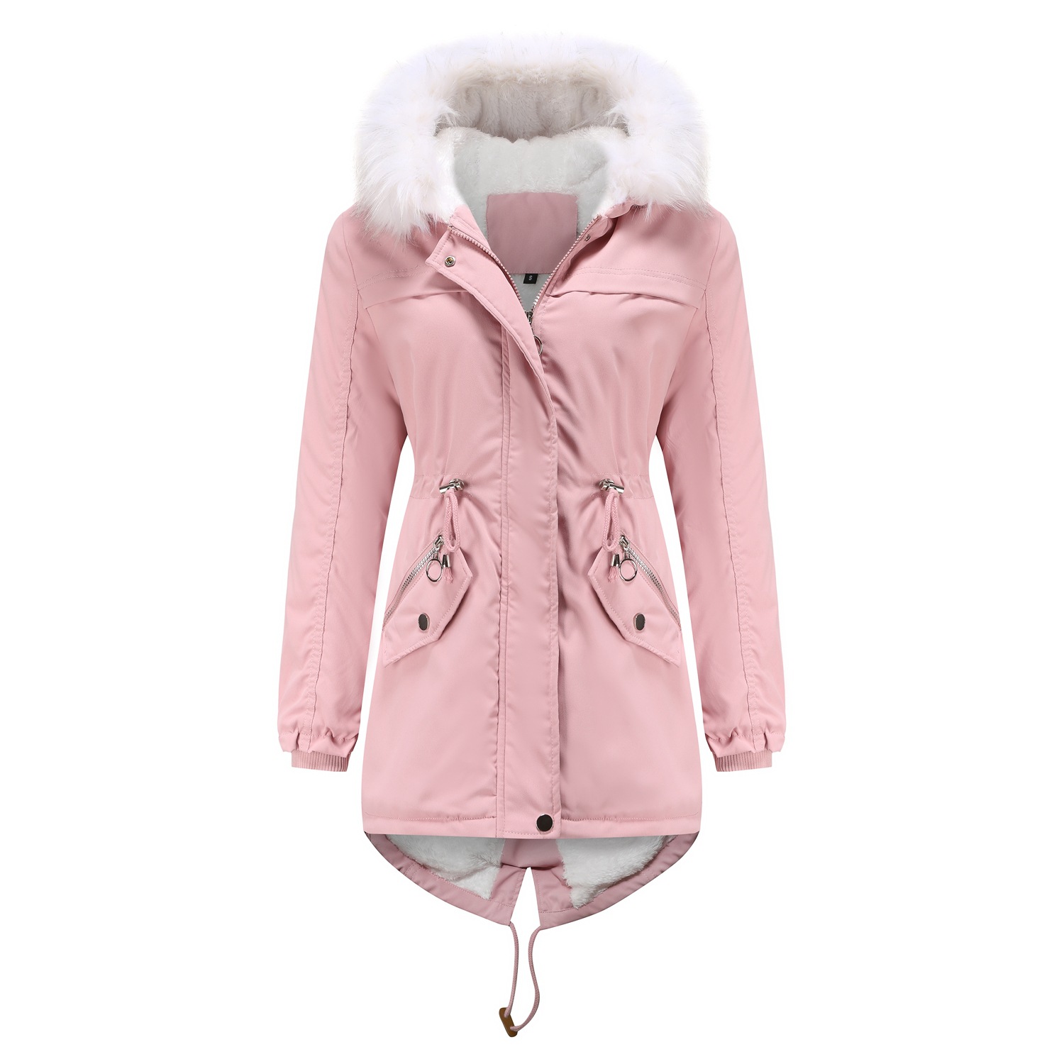 Women's White Fur Collar Thick Hooded Jacket Adjustable Drawstring Zipper Pocket