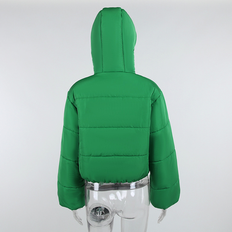 Women's Short Thick Coat Hooded Stand Collar Jacket Pocket Lantern Sleeve