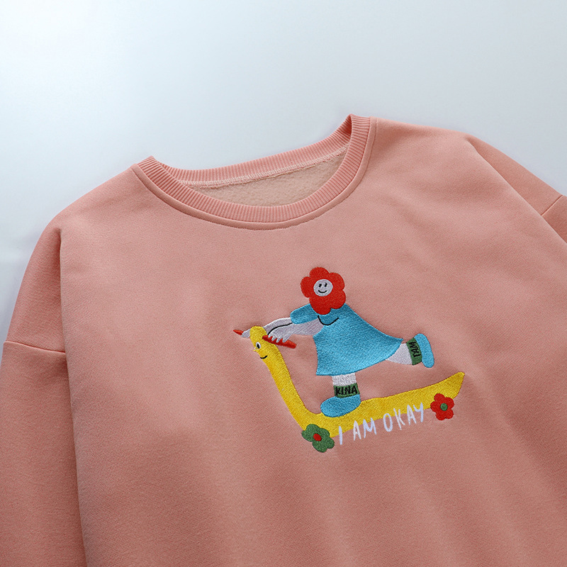 Women's Cartoon Embroidery Loose Pullover Sweater Round Neck Drop Sleeves Casual