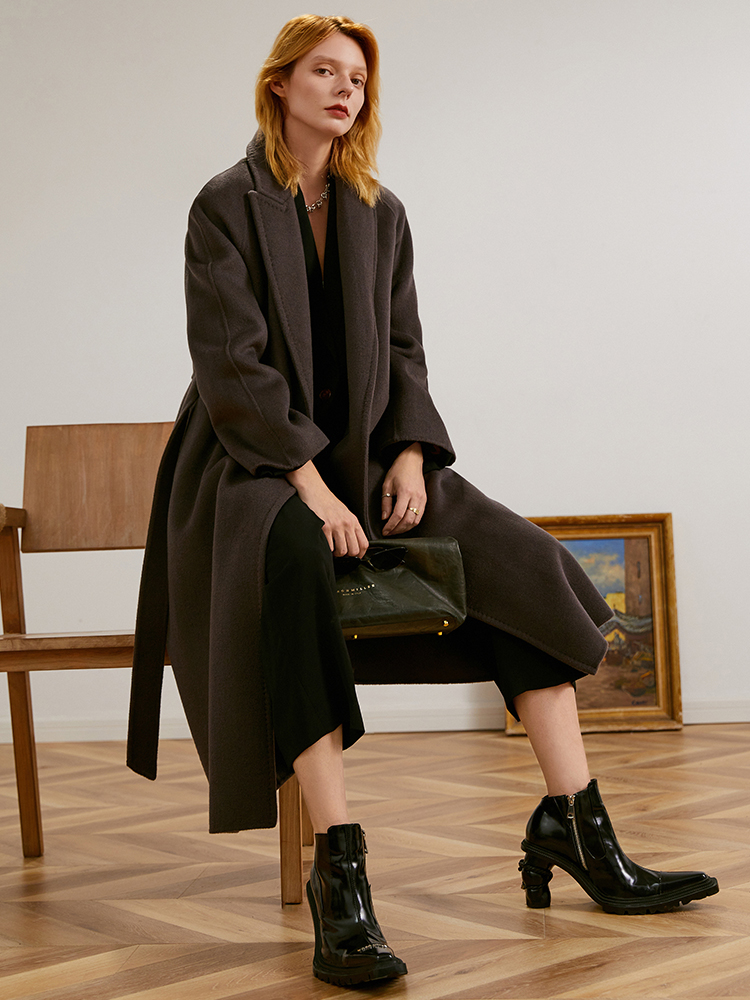 Women's handmade wool double-sided woolen coat nightgown lace-up trench coat woolen coat