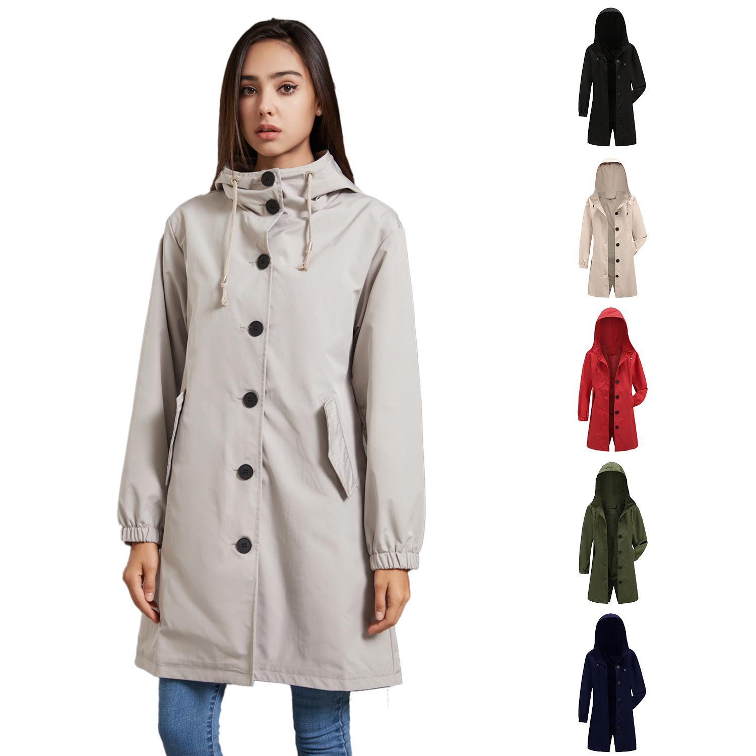 Women's Windproof Waterproof Hooded Jacket Outdoor Mid-length Side Pocket Coat