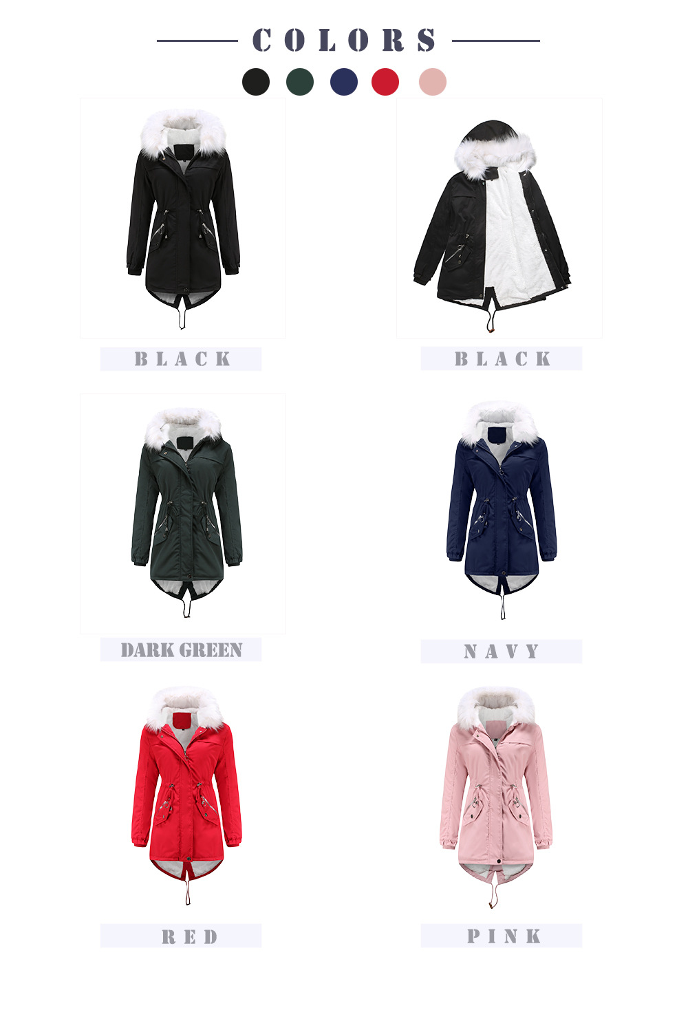 Women's White Fur Collar Thick Hooded Jacket Adjustable Drawstring Zipper Pocket