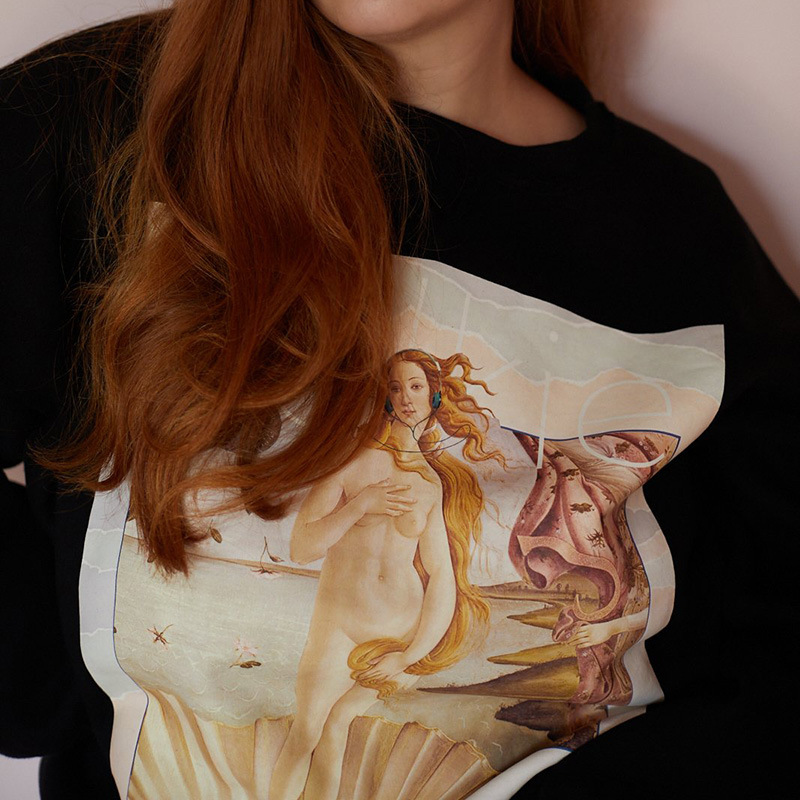 Women's Printed Pullover Sweater Oil Painting Girl Loose Casual Black Apricot