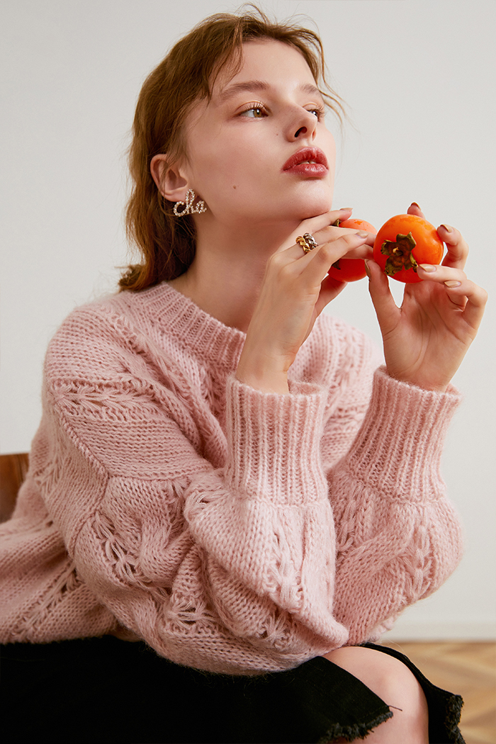 Women's Pink Cable Flower Hollow Sweater Winter Lazy Wind Top Loose-fitting Sweater