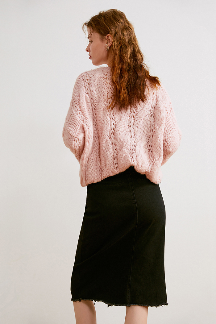 Women's Pink Cable Flower Hollow Sweater Winter Lazy Wind Top Loose-fitting Sweater