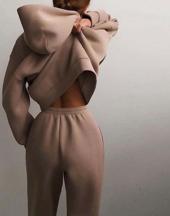 Women's Thick Sportswear Pocket Hoodie Double Pocket Track Pants Loose Casual Suit