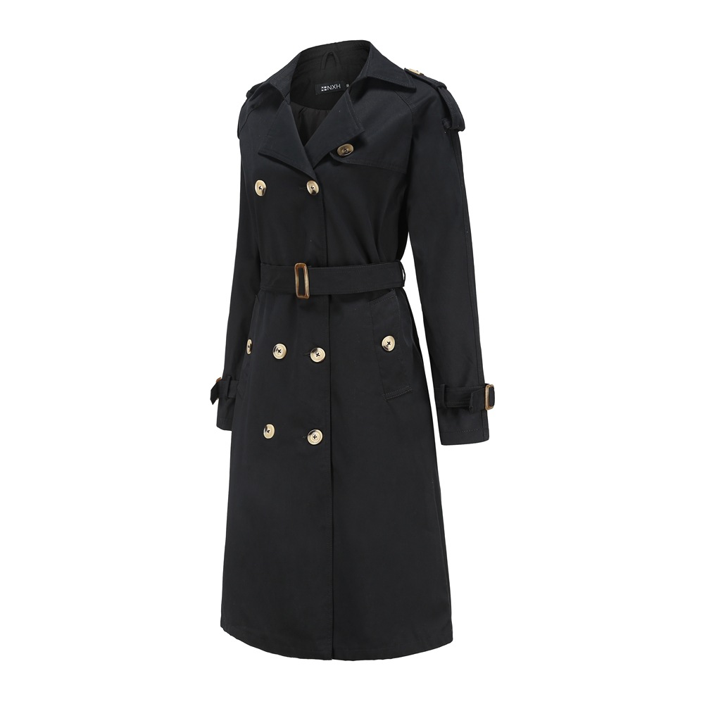New Women's Belt Adjustable Jacket Double-breasted Black Khaki Trench Coat