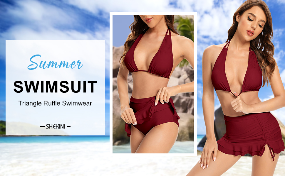 triangle ruffle swimsuit bathing suit skirt Ruched two piece swimsuit