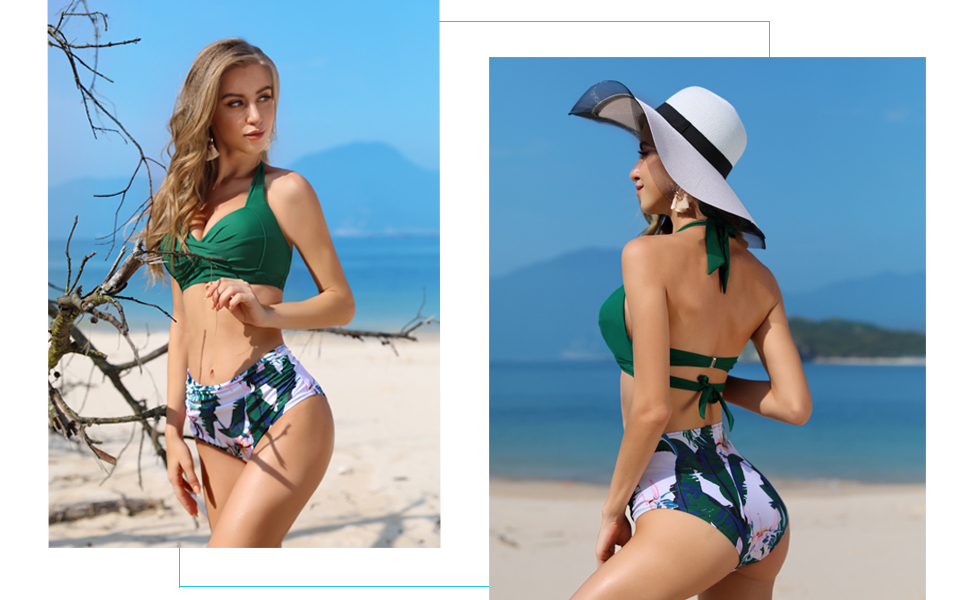 Tempt Me Women Vintage Swimsuit Two Piece Retro Halter Ruched High Waist Bikini