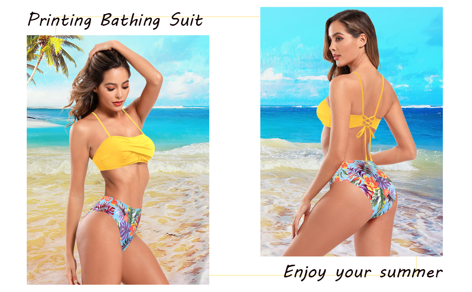 printed swimsuit twist front bathing suit lace up bikini for women high waist two piece swimsuit