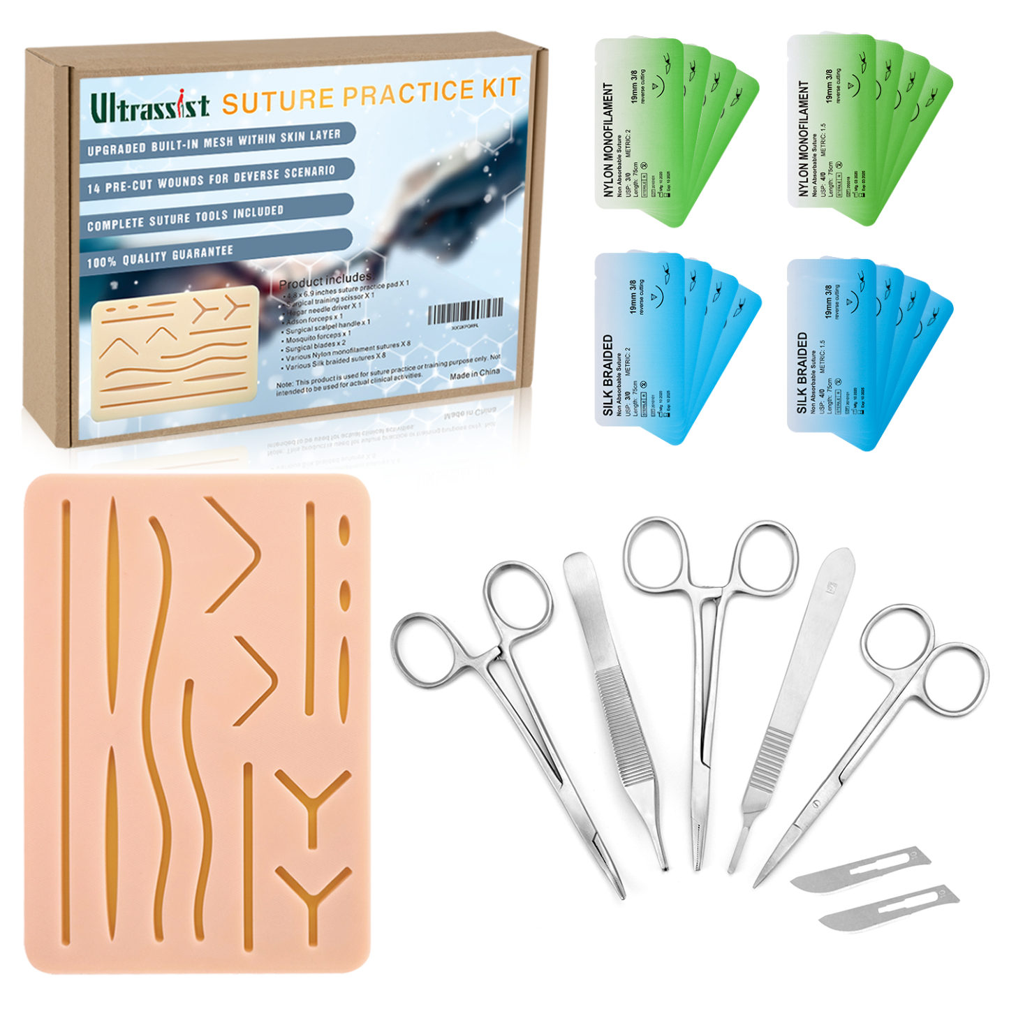 Ultrassist Suture Kit for Suture Training, Silicone Stitching Pad with Durable Embedded Mesh, Includes Suture Tools Kit & Various Suture Threads and