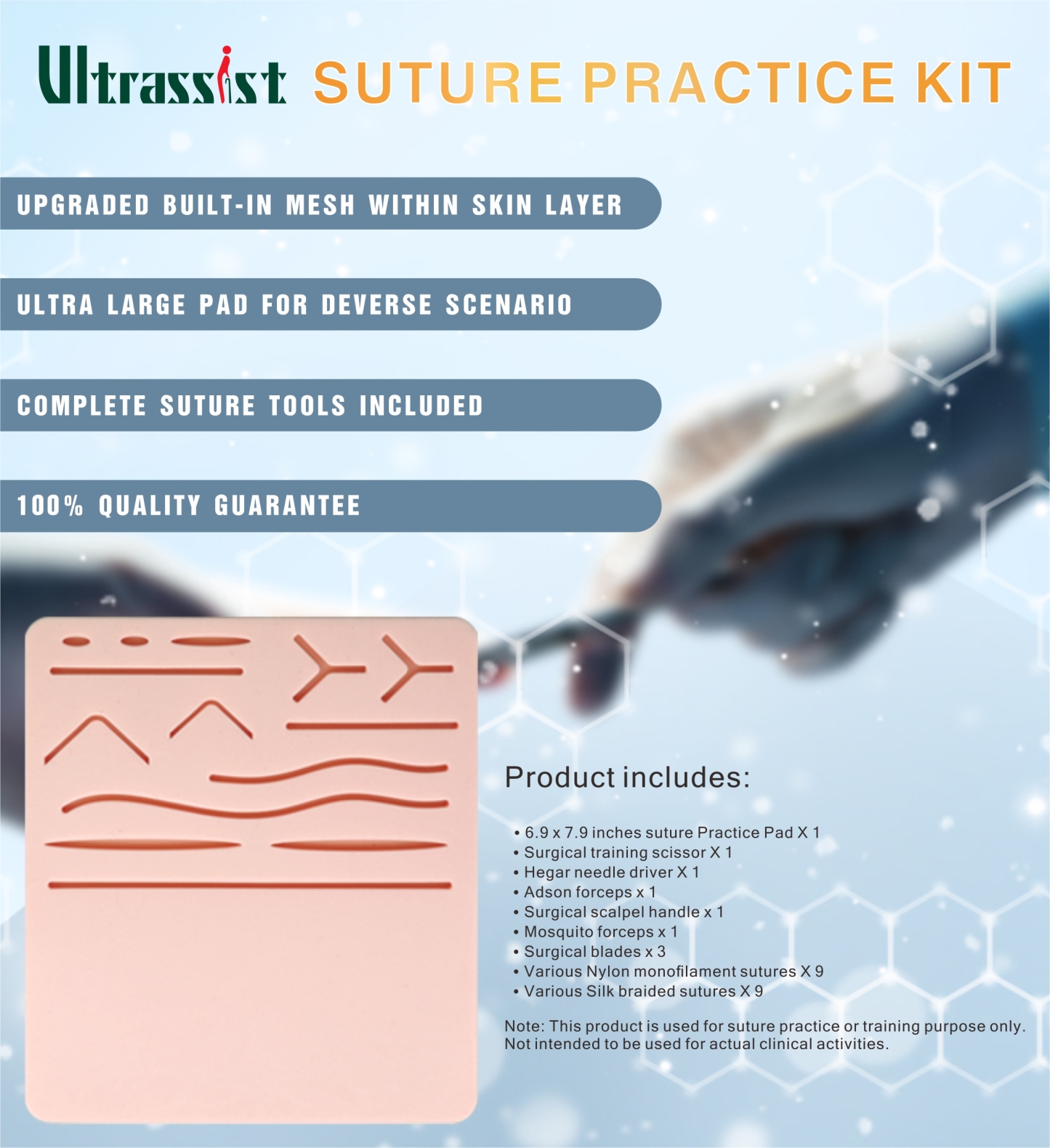 Ultra-Large Suture Kit for Medical Students with Pre-Cut Wounds & Customizable Pad