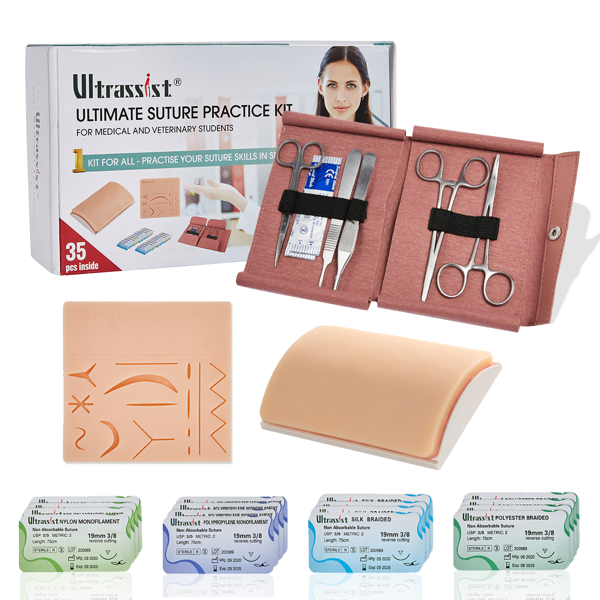 Ultrassist Suture Kit for Suture Training, Silicone Stitching Pad with Durable Embedded Mesh, Includes Suture Tools Kit & Various Suture Threads and