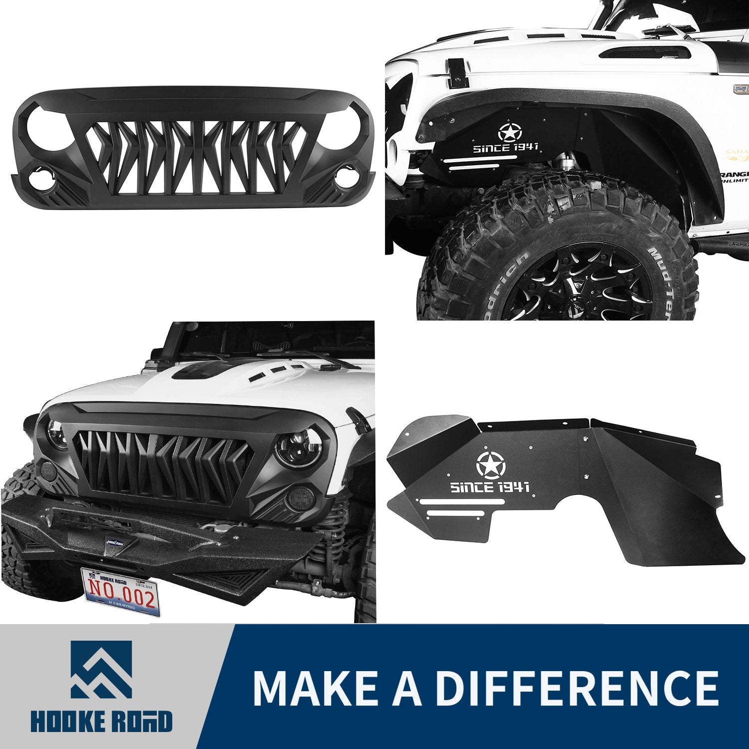 Hooke Road Shark Grille & Inner Fender Liners Kit(07-18 Jeep Wrangler JK)