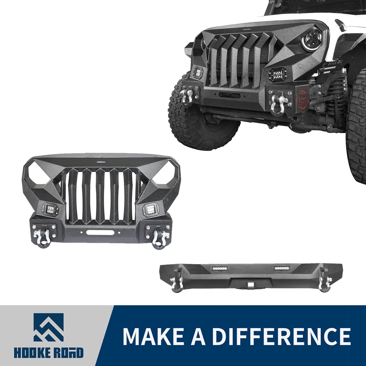 Hooke Road Front Bumper & Rear Bumper w/2" Hitch Receiver(07-18 Jeep Wrangler JK)