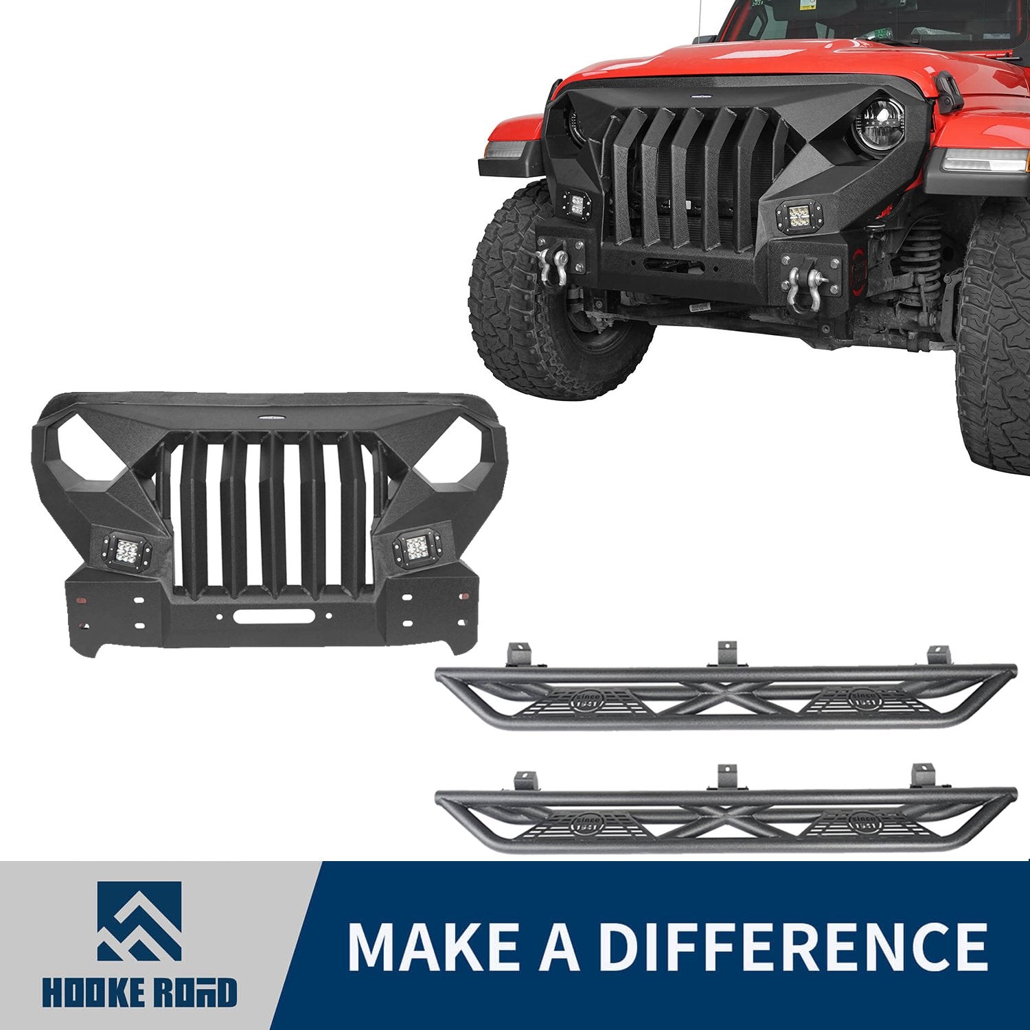 Hooke Road Full Width Front Bumper with Mad Max Grill & Side Steps(18-22 Jeep Wrangler JL 4 Door)