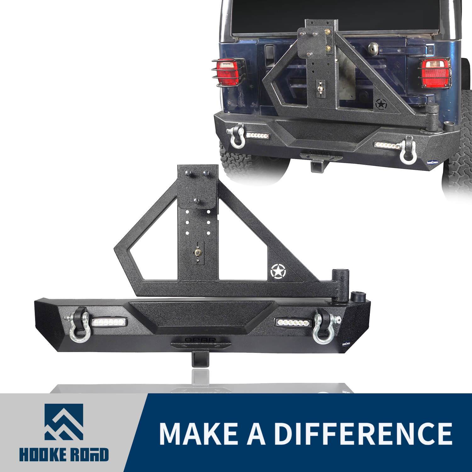 Hooke Road SINGLE ACTION Rear Bumper w/Tire Carrier & Receiver Hitch(97-06 Jeep Wrangler TJ)