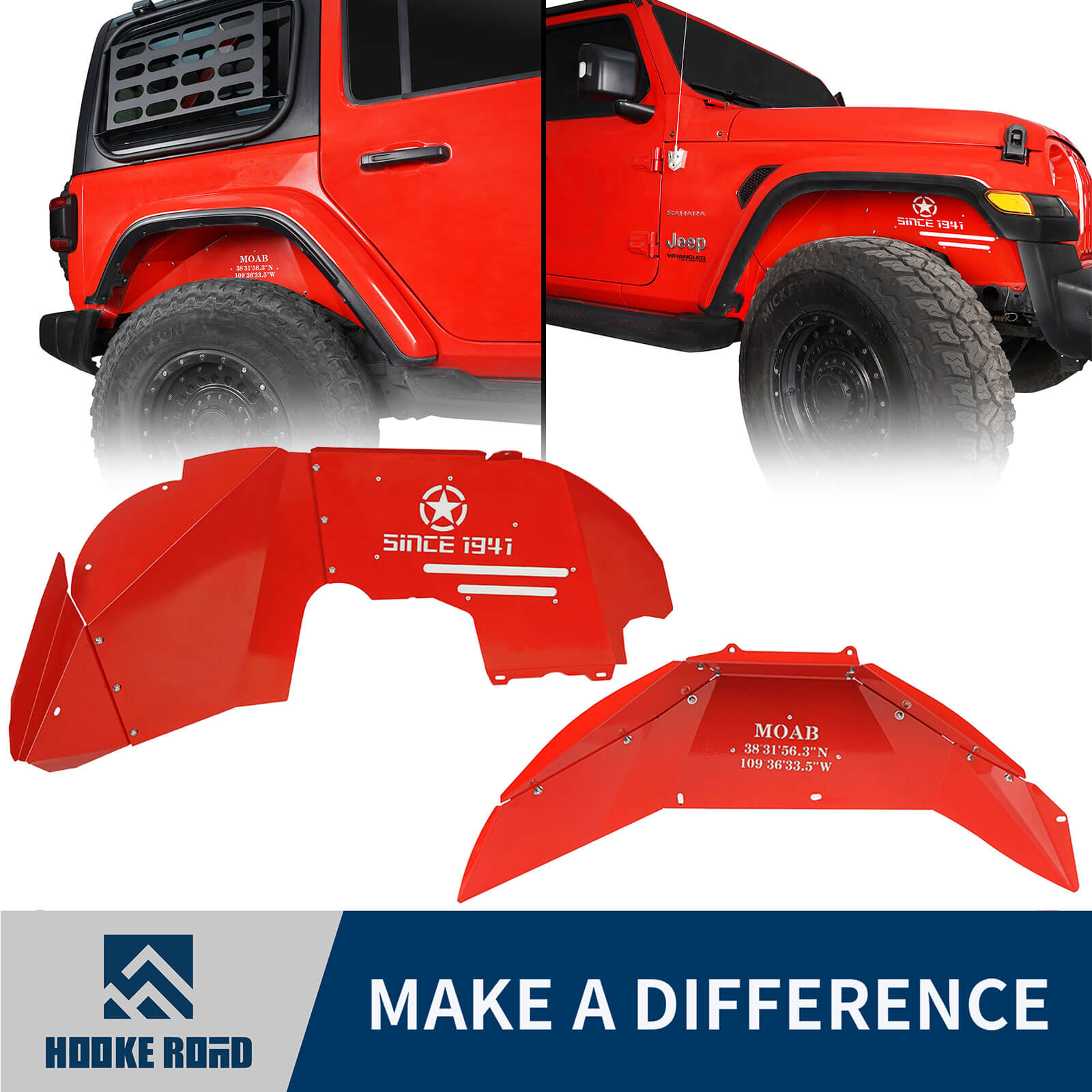 Hooke Road Front & Rear Inner Fender Liners(18-22 Jeep Wrangler JL EXCL 20 Rubicon Edition)