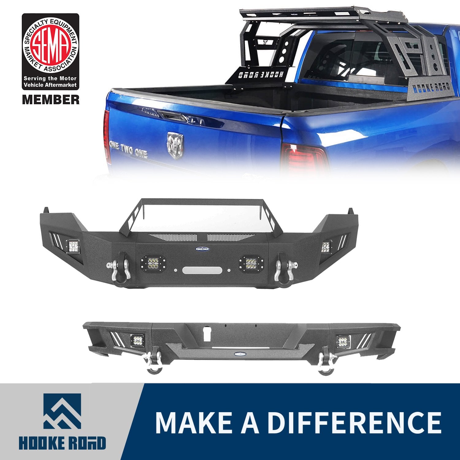 Hooke Road Full Width Front Bumper / Rear Bumper / Bed Rack Luggage Basket(13-18 Dodge Ram 1500,Excluding Rebel)