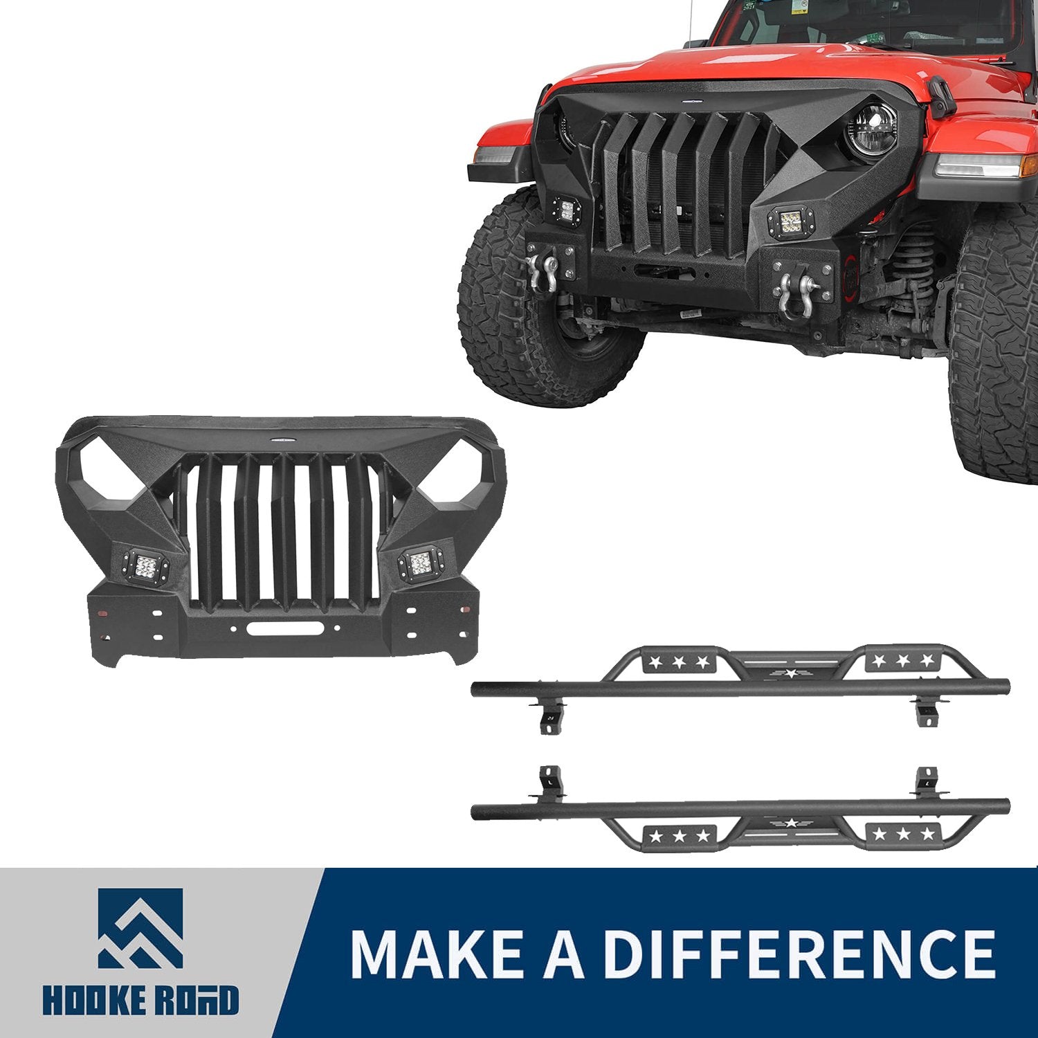 Hooke Road Mad Max Front Bumper with Grill & Side Steps(18-22 Jeep Wrangler JL 4 Door)