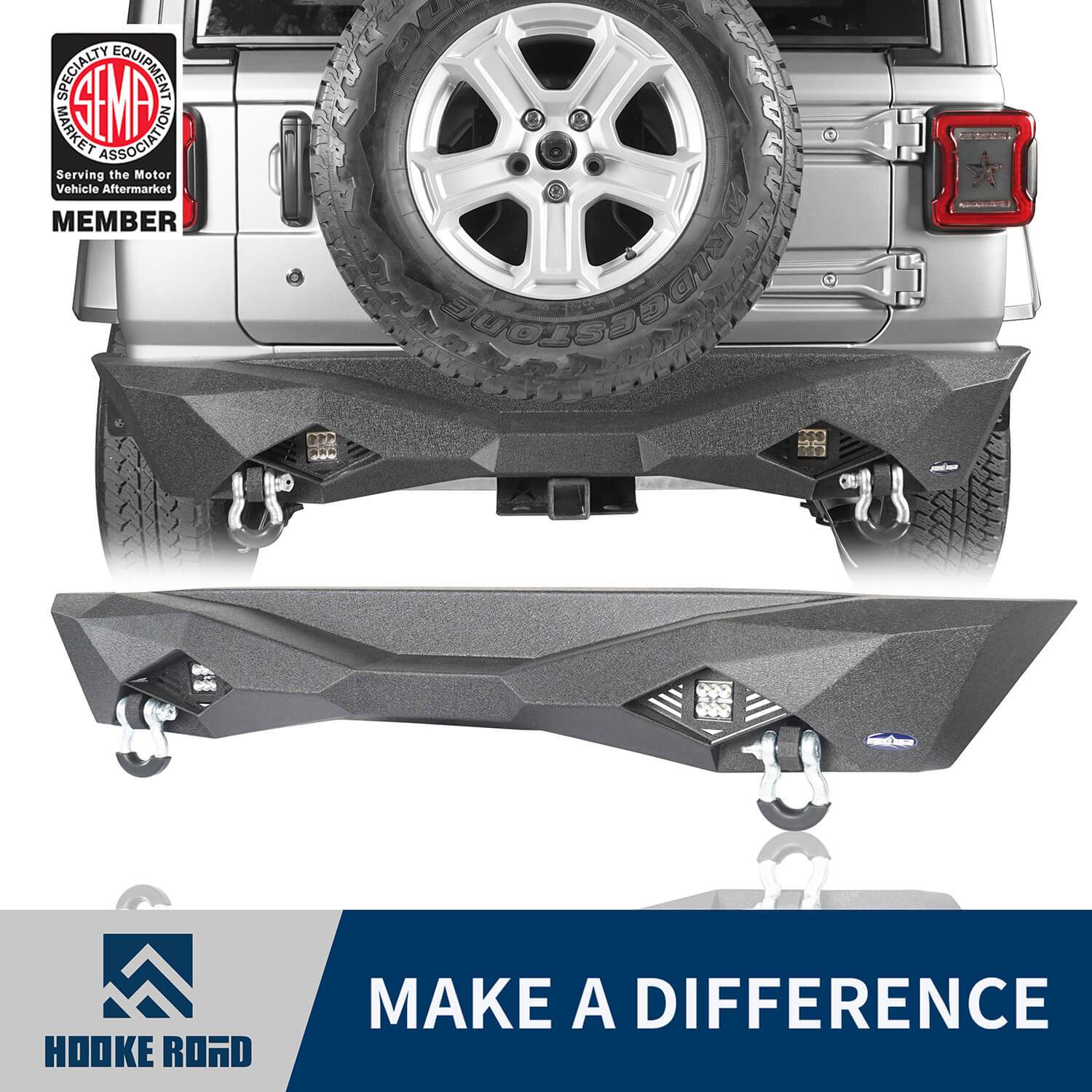 Hooke Road Diomand Style Rear Bumper w/2X 18W LED Floodlights(18-21 Jeep Wrangler JL)