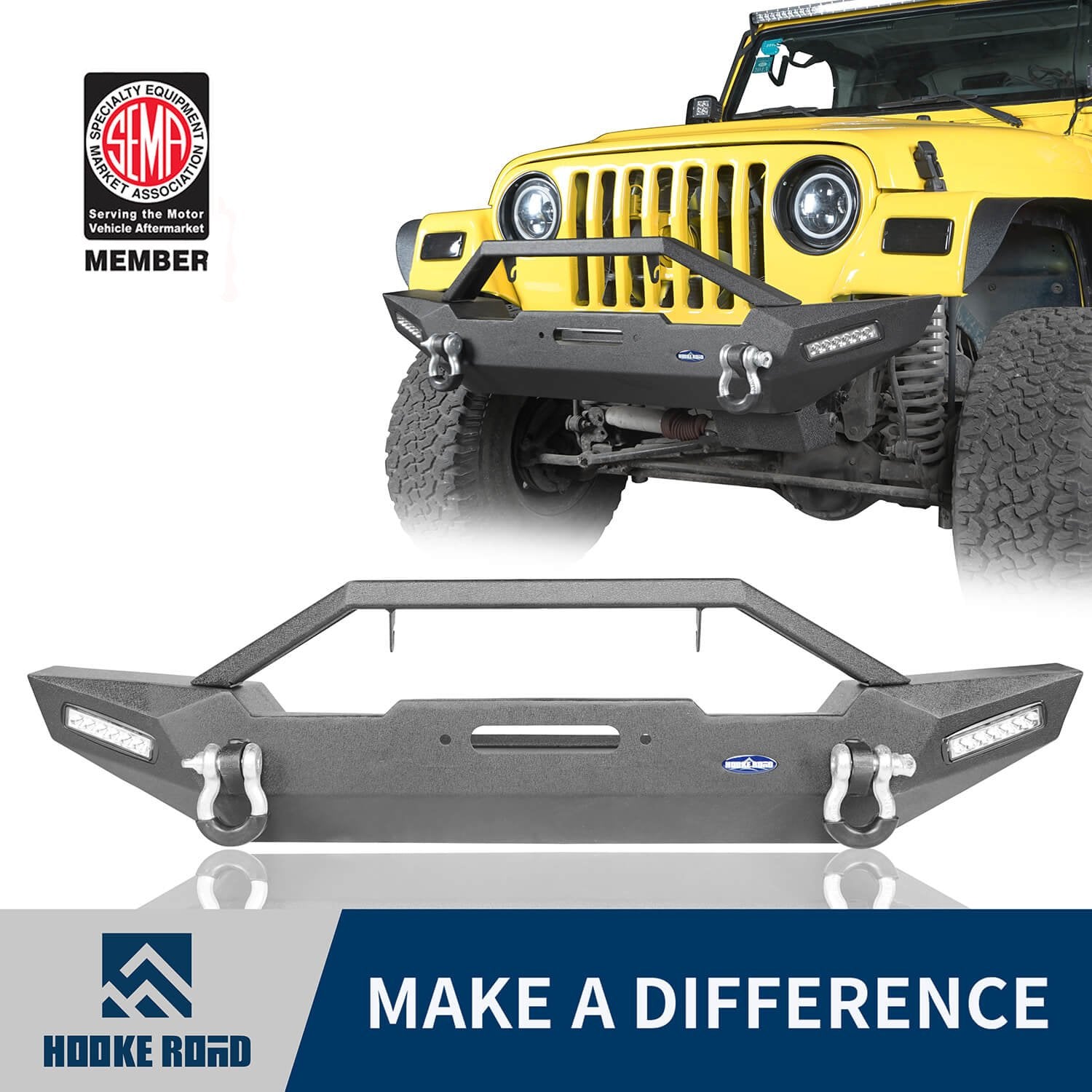 Hooke Road BLADE Stubby Front Bumper w/Winch Plate & 2 x LED Accent Lights(87-06 Jeep Wrangler TJ YJ)