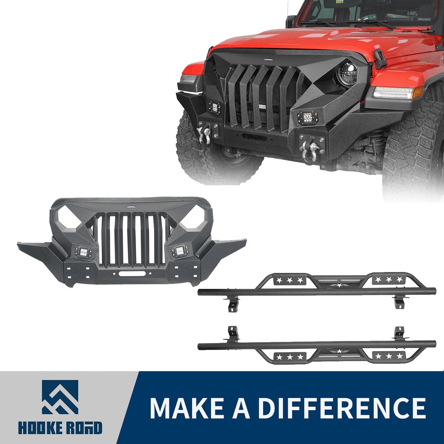 Hooke Road Mad Max Front Bumper Grill & Side Steps(18-22 Jeep Wrangler JL 4 Door)