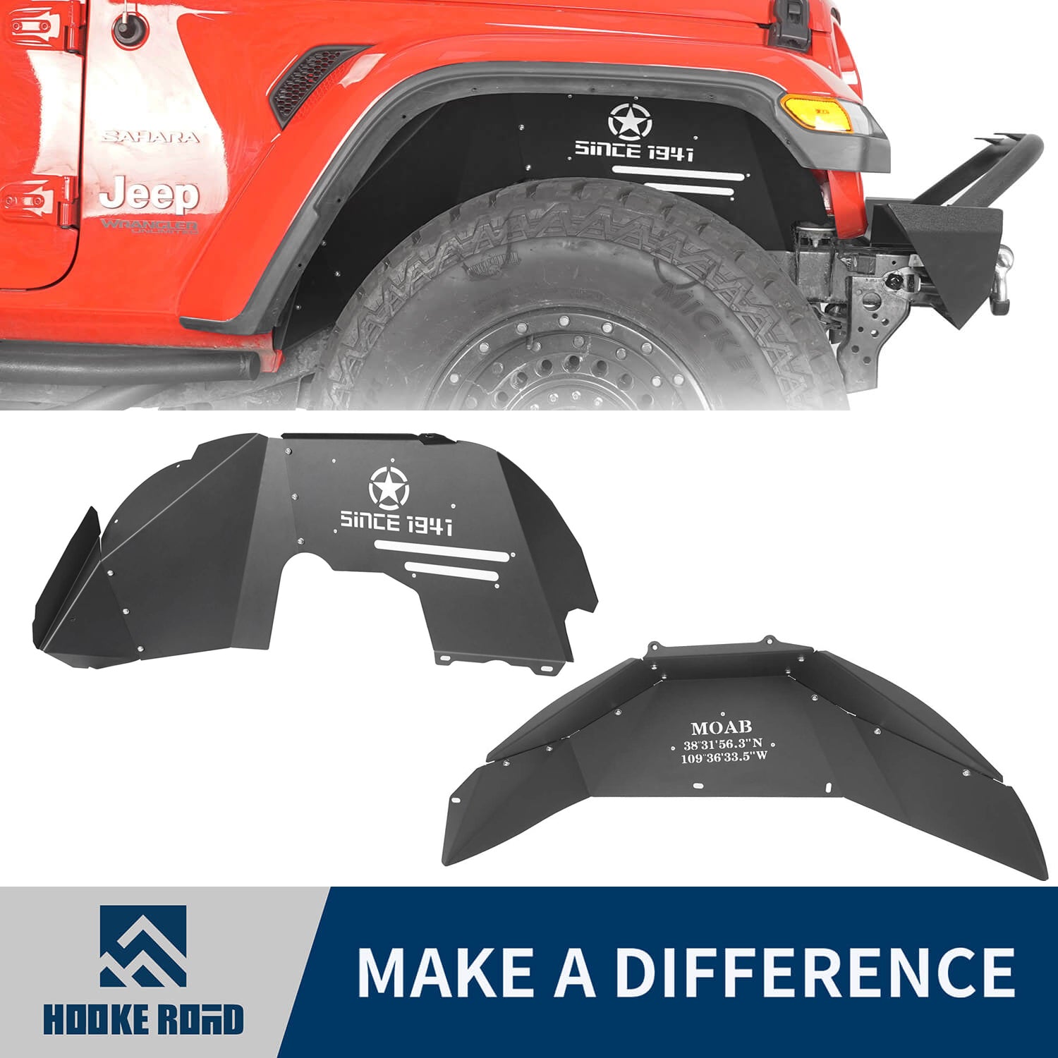Hooke Road Front & Rear Fender Liners(18-22 Jeep Wrangler EXCL 19 Unlimited Sport & 21 Rubicon Unlimited)