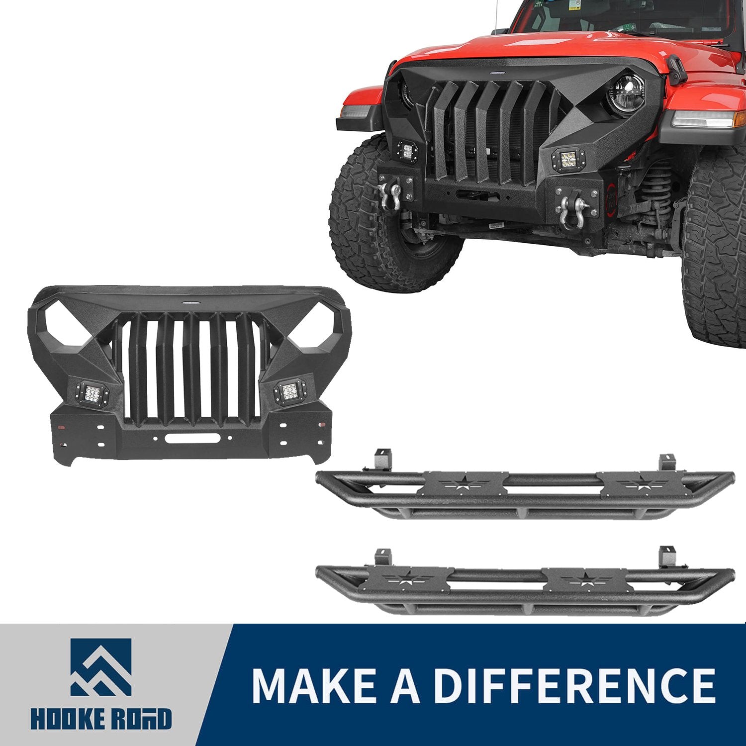 Hooke Road Full Width Front Bumper with Mad Max Grill & Running Boards(18-22 Jeep Wrangler JL 4 Door)