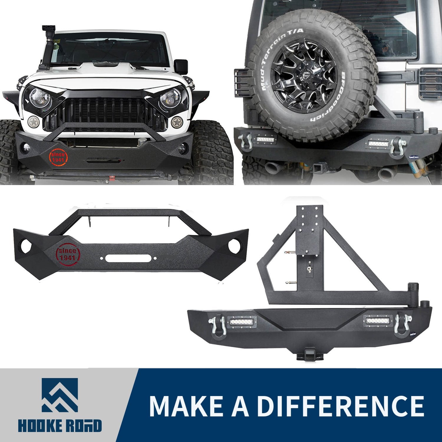 Hooke Road Rock Crawler Stubby Front Bumper & Different Trail Rear Bumper w/Tire Carrier Combo(07-18 Jeep Wrangler JK JKU)