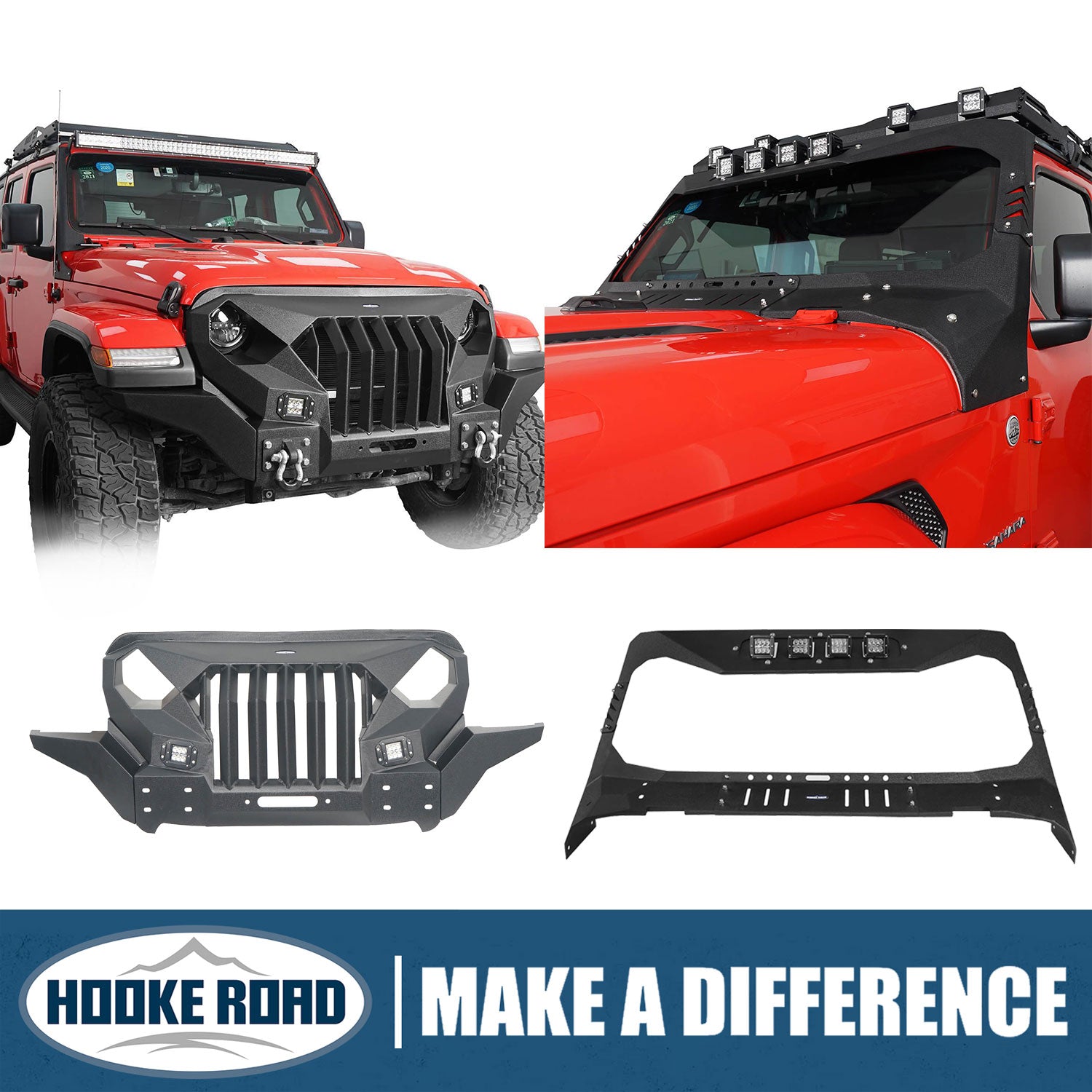 Hooke Road Mad Max Front Bumper w/Wings & Windshield Frame Cover(18-22 Jeep Wrangler JL)