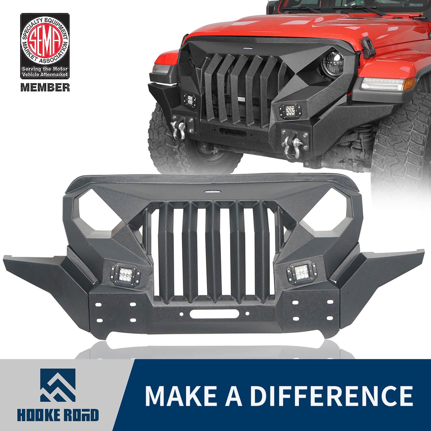 Hooke Road Mad Max Front Bumper Grill w/Wings & LED Lights(18-22 Jeep Wrangler JL & 20-21 Jeep Gladiator JT)