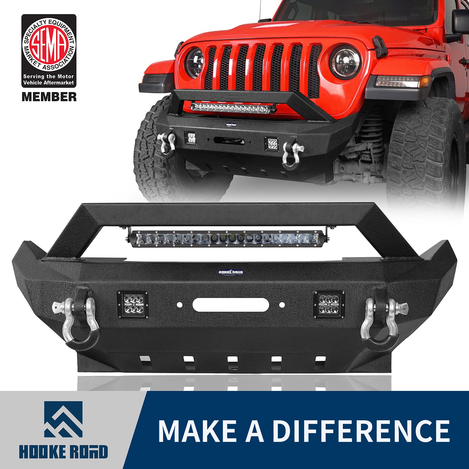 Hooke Road Rock Crawler Stubby Front Bumper w/LED Spotlight Bar(18-22 Jeep Wrangler JL & 20-22Gladiator JT)