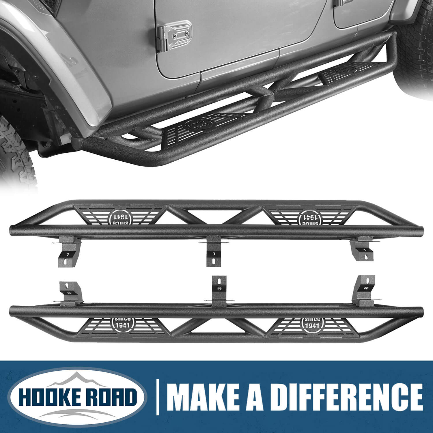 Hooke Road Tube Side Steps Running Boards w/"SINCE 1941" Logo(18-22 Jeep Wrangler JL 4 Door)