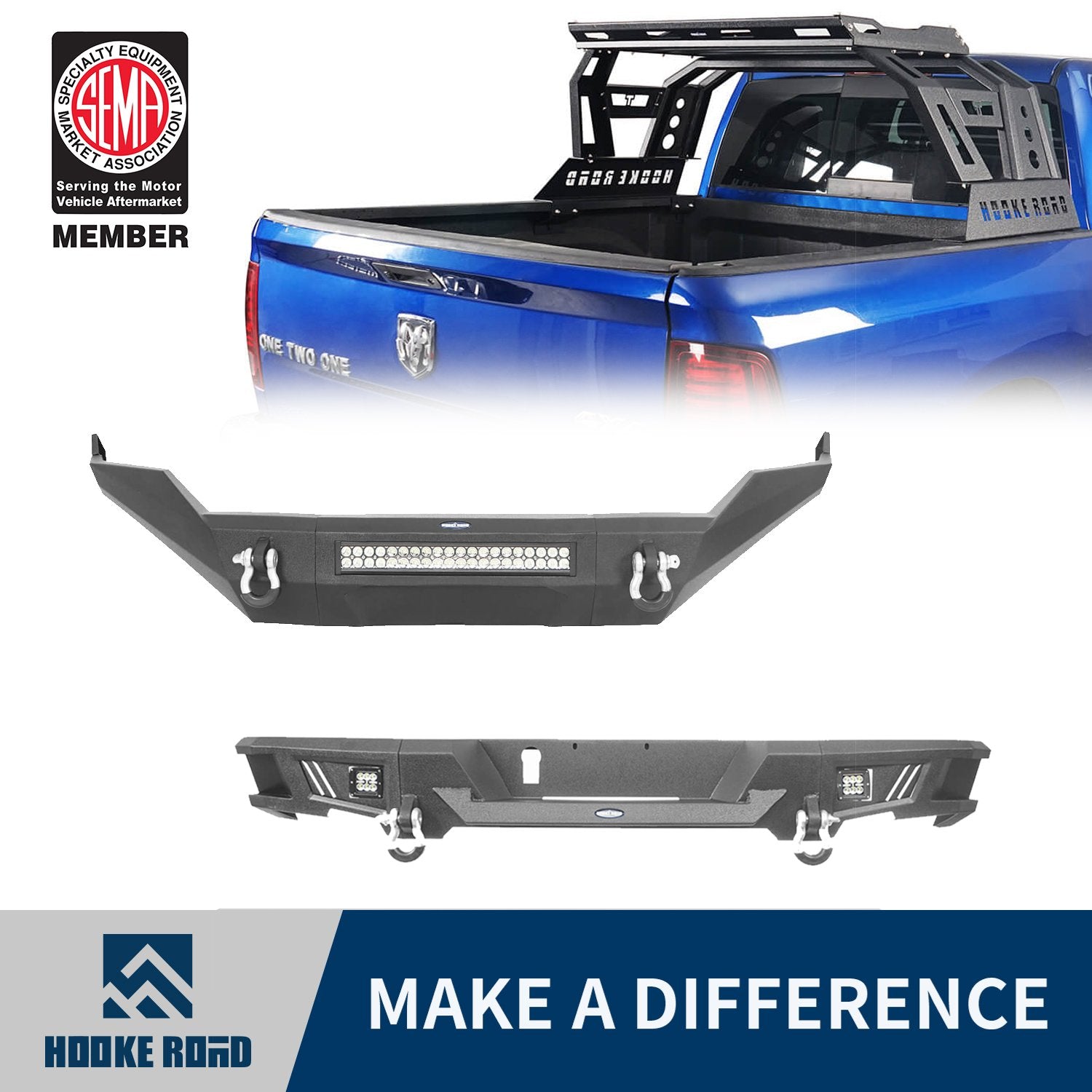 Hooke Road Front Bumper / Rear Bumper / Bed Rack Roll Bar(13-18 Dodge Ram 1500,Excluding Rebel)
