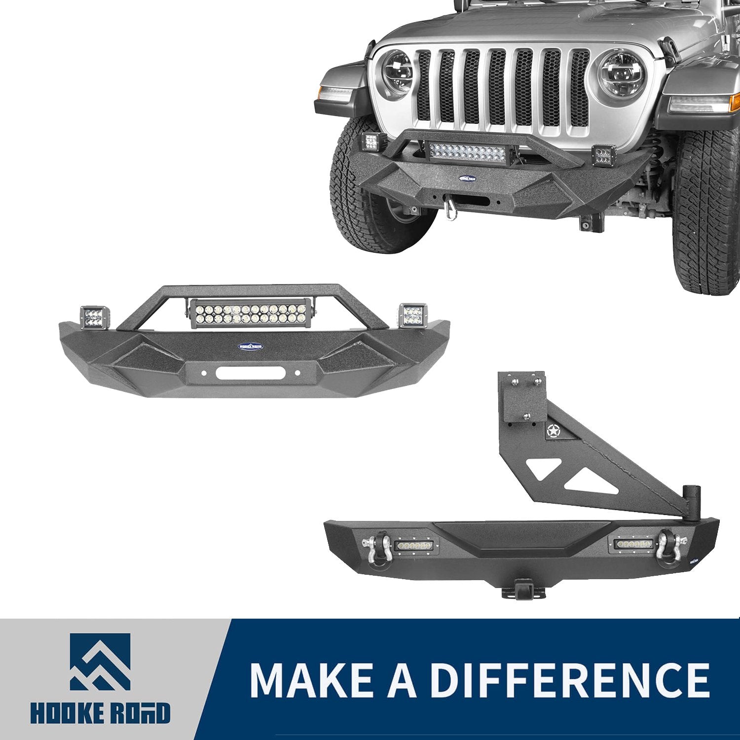 Hooke Road Front Bumper & Rear Bumper w/Tire Carrier(18-22 Jeep Wrangler JL)