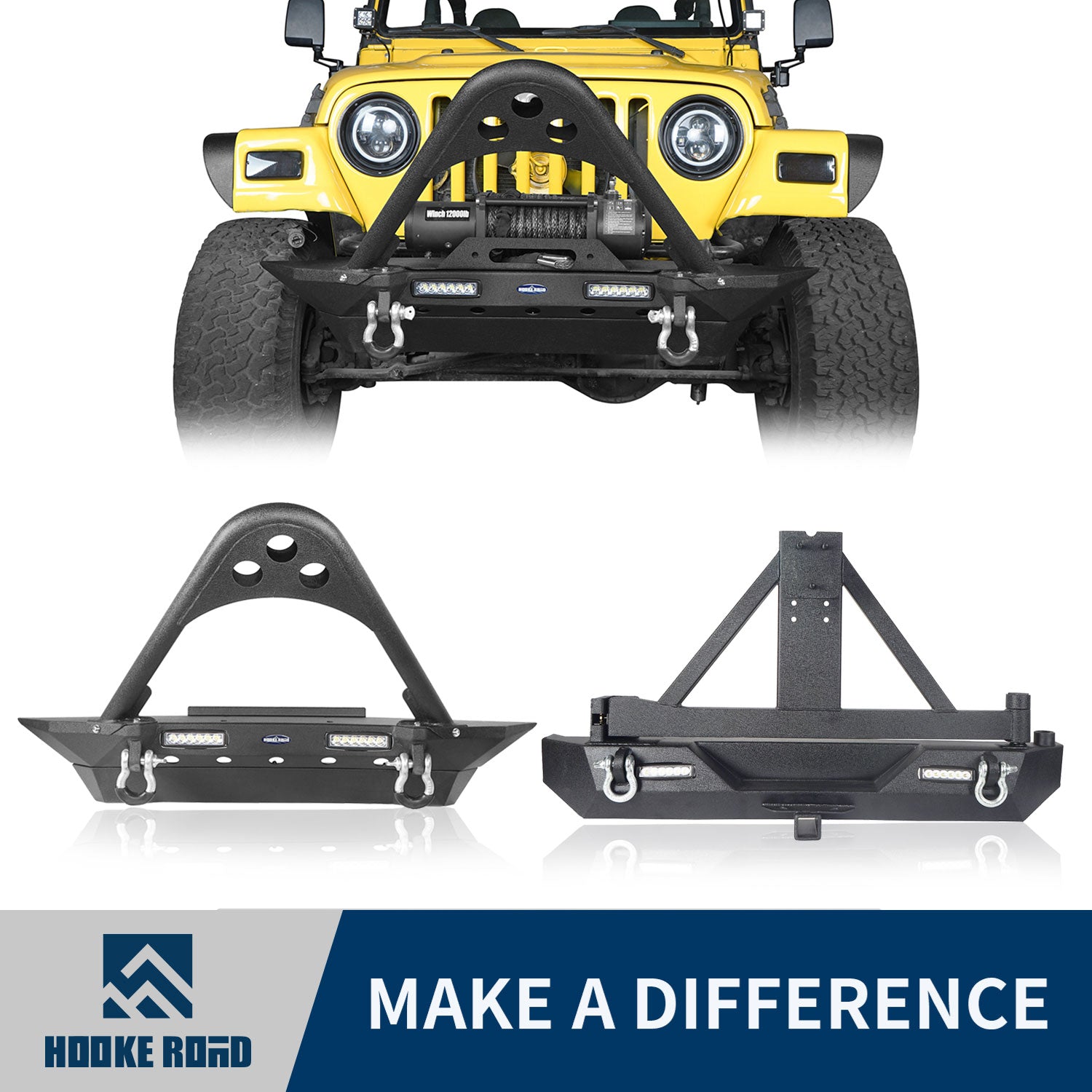 Hooke Road Stubby Front Bumper & Rear Bumper w/Tire Carrier Combo(87-06 Jeep Wrangler TJ YJ)