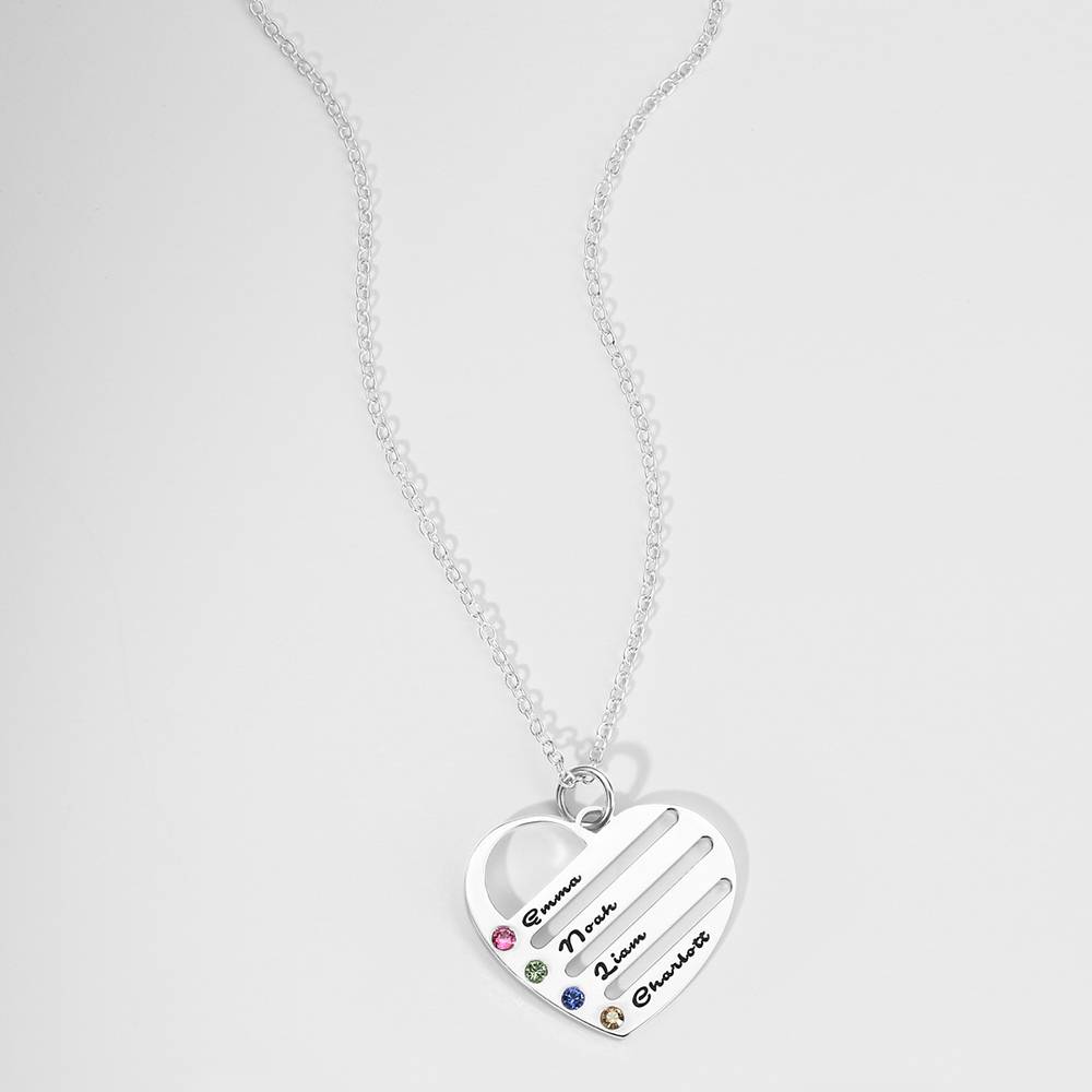 Engraved Heart Name Necklace Custom Family Birthstone Mom Necklace S925 Silver- mikcustom.com