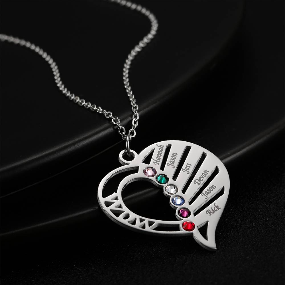 Engraved Family Name Necklace Custom Heart Birthstone Necklace for Mom- mikcustom.com