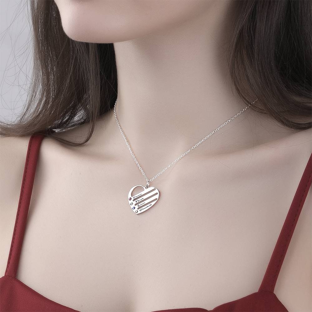 Engraved Heart Name Necklace Custom Family Birthstone Mom Necklace S925 Silver- mikcustom.com