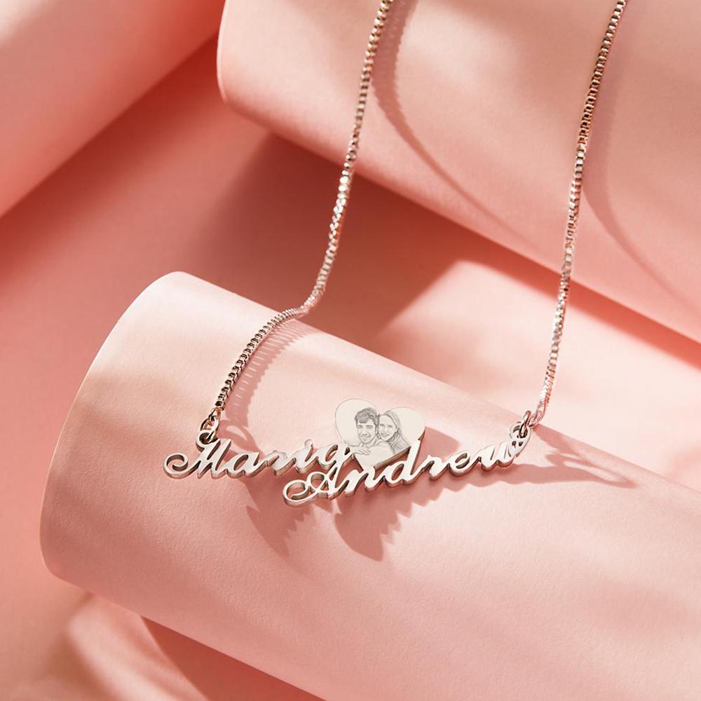 Custom Engraved Heart Photo Necklace Double Plated Name Necklace for Women- mikcustom.com