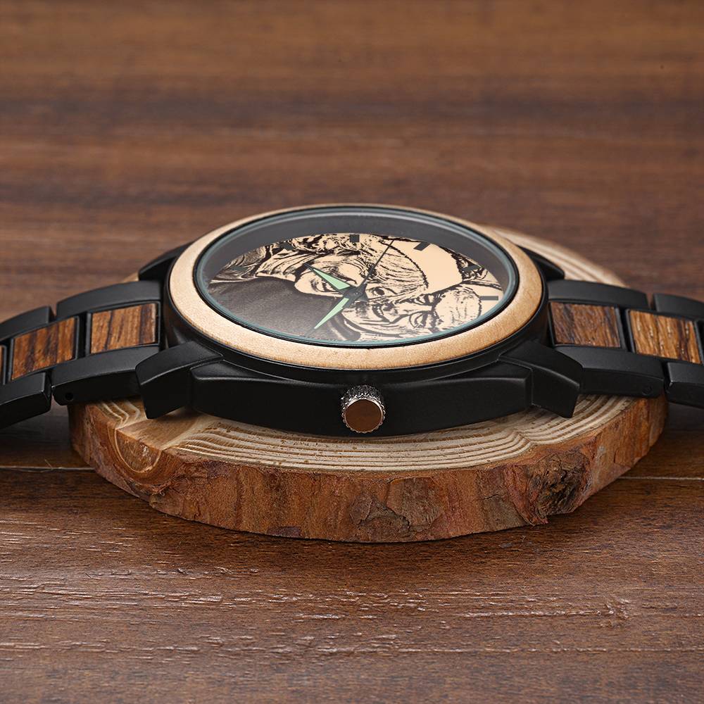 Personalized Engraved Photo Watch with Wood Strap 45mm- mikcustom.com